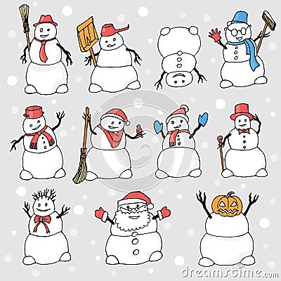 Many snowmen with different objects and poses Vector Illustration