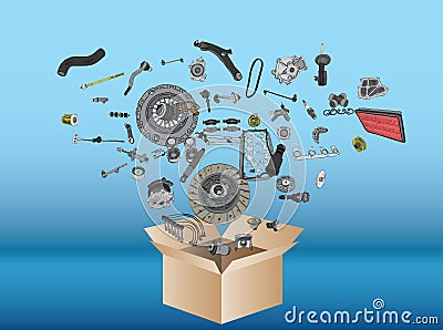 Many spare parts flying out of the box Vector Illustration