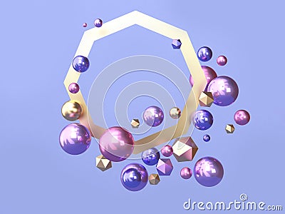 3d render many sphere pink blue/purple gold frame abstract shape levitation scene Stock Photo