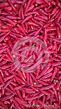 Many spicy red chillies are sold in the market. Top view Stock Photo