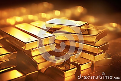 many stacked gold bars or gold bricks make a fortune Stock Photo