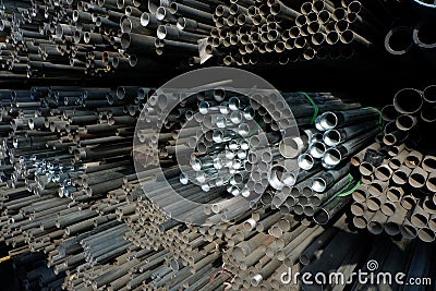 Steel pipe circle in warehouse. Stock Photo