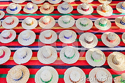 Many summer hats made of sisal ropes Stock Photo