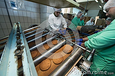 Many sweet cake food factory massive production Editorial Stock Photo