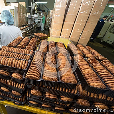 Many sweet cake food factory massive production Editorial Stock Photo