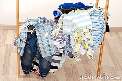 Wardrobe of newborn,kids, toddlers, babies. Stock Photo