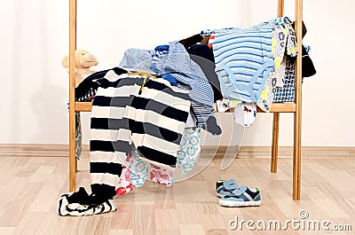 Wardrobe of newborn,kids, toddlers, babies. Stock Photo
