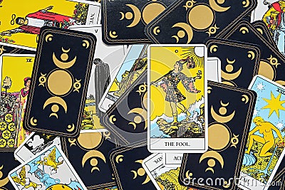 Many tarot cards as background, top view Stock Photo