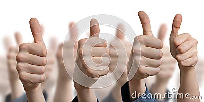 Many thumbs up on white background. Success and consent concept Stock Photo