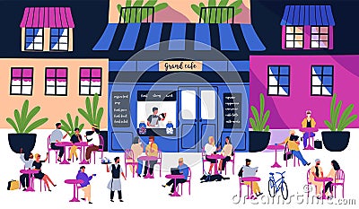 Many tiny people sitting at outdoor sidewalk cafe, coffeehouse or restaurant with tables, chairs on city street against Vector Illustration