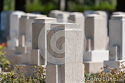 Many tombs in rows, graves on military cemetery Stock Photo