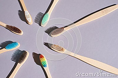 Many toothbrash at table. Different color. Diagonal Stock Photo