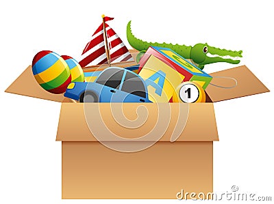 Many toys in brown box Vector Illustration