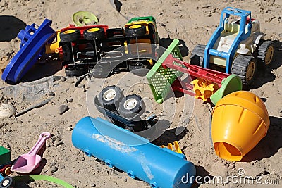 Many toys on sand Stock Photo