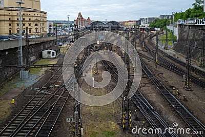 many tracks lead to the main station of Prague Stock Photo