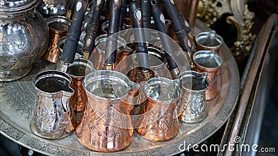 many traditional turkish coffee pots at flea market Stock Photo