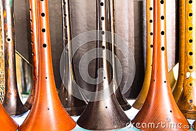 Many Traditional Turkish wooden instrument Zurna Stock Photo