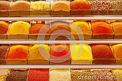 Many trays with bright oriental spices Stock Photo