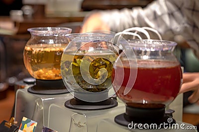 Many type of the chinese tea at the Starbucks Reserve Roastery in Shanghai. The second largest in the world Editorial Stock Photo
