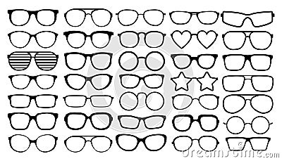 Many types of glasses. Fashion collection set glasses isolated. Vector illustration. Glasses icons frames silhouettes Vector Illustration