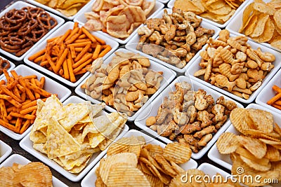 Many types of savoury snacks Stock Photo