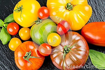 Many varieties of colorful tomatos Stock Photo