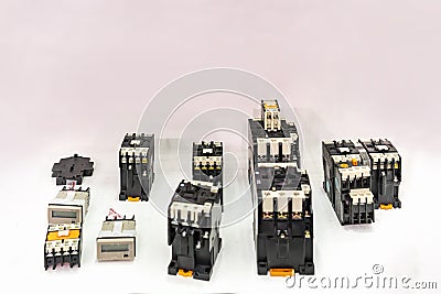 Many and various contactors and magnetic switch and overload relay for control electric equipment motor or machine of industrial Stock Photo