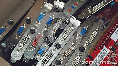 Many Video cards. Computer graphics card and Circuits :DVI, Display port connectors. Technology background. Selective focus Stock Photo