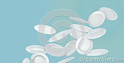 Many white plates falling on pastel light blue background, banner design Stock Photo