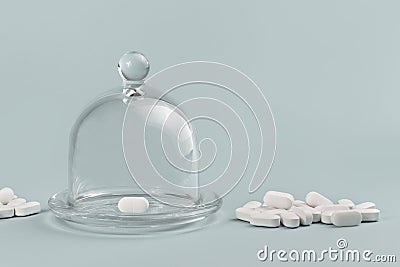 Many white tablets and one in glass dome container Stock Photo