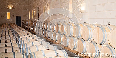 Many wine barrel in cellar winery Stock Photo