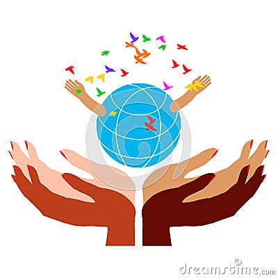 Many women`s hands with different skin colors hold the globe. Environmental care Vector Illustration