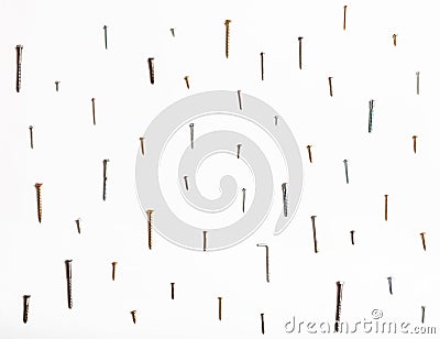 Many wood screws arranged on white Stock Photo