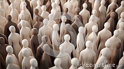 Many wooden humans, many people around. overpopulation concept, banner with a lot of diverse people Stock Photo