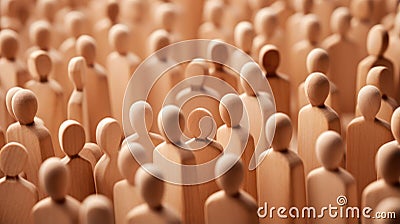 Many wooden humans, many people around. overpopulation concept, banner with a lot of diverse people Stock Photo