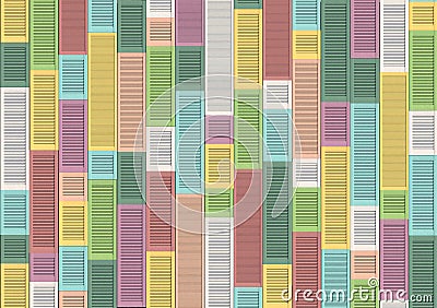 Many wooden window shutters stacked in a row to form a solid pattern or background. Texture of window sash blinds forming a wall Cartoon Illustration