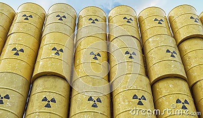 Many yellow barrels with nuclear radioactive waste. 3D rendered illustration Cartoon Illustration