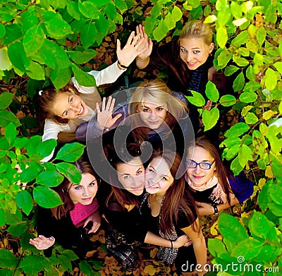 Many young girls in the park Stock Photo