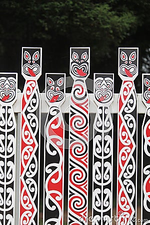 Maori designs on a fence at the Government Gardens, Rotorua, Aotearoa Editorial Stock Photo