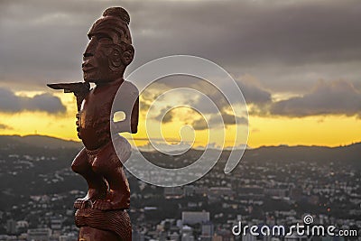 Maori Idol Statue Mount Victoria Wellington Cityscape Dramatic Sky New Zealand North Island Editorial Stock Photo