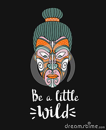 Maori mask. Vector print design. Stylish card with boho lettering. Tribal pattern. Vector Illustration