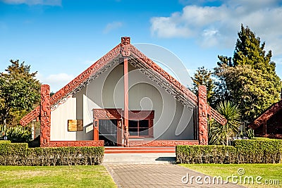 maori traditional wooden carving, marae, new zealand culture Stock Photo