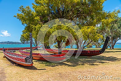 Maori war canoe at Waitangi treaty grounds in New Zealand Editorial Stock Photo