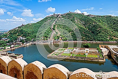 Maota Lake and Gardens of Amber Fort in Jaipur, India Stock Photo