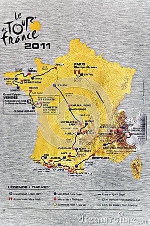 Map of the 2011 Tour de France Editorial Stock Photo