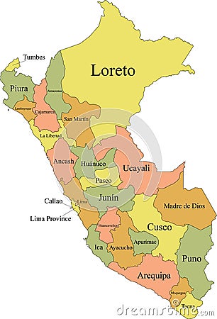 Map of Administrative Division of Peru Vector Illustration