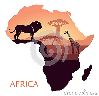 Map of Africa with the landscape of sunset in the Savannah, lion, giraffe, baobab and acacia. Vector background Vector Illustration