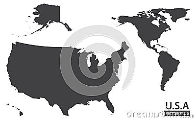 Map of the American continent and the USA including Alaska and Hawaii. Blank similar USA map on white background. Vector Illustration