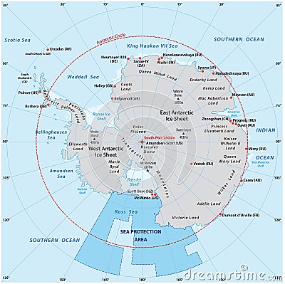 Map of the Antarctic with the new sea protection area in the Ross Sea Vector Illustration