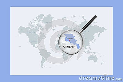 Map of Armenia on political world map with magnifying glass Vector Illustration